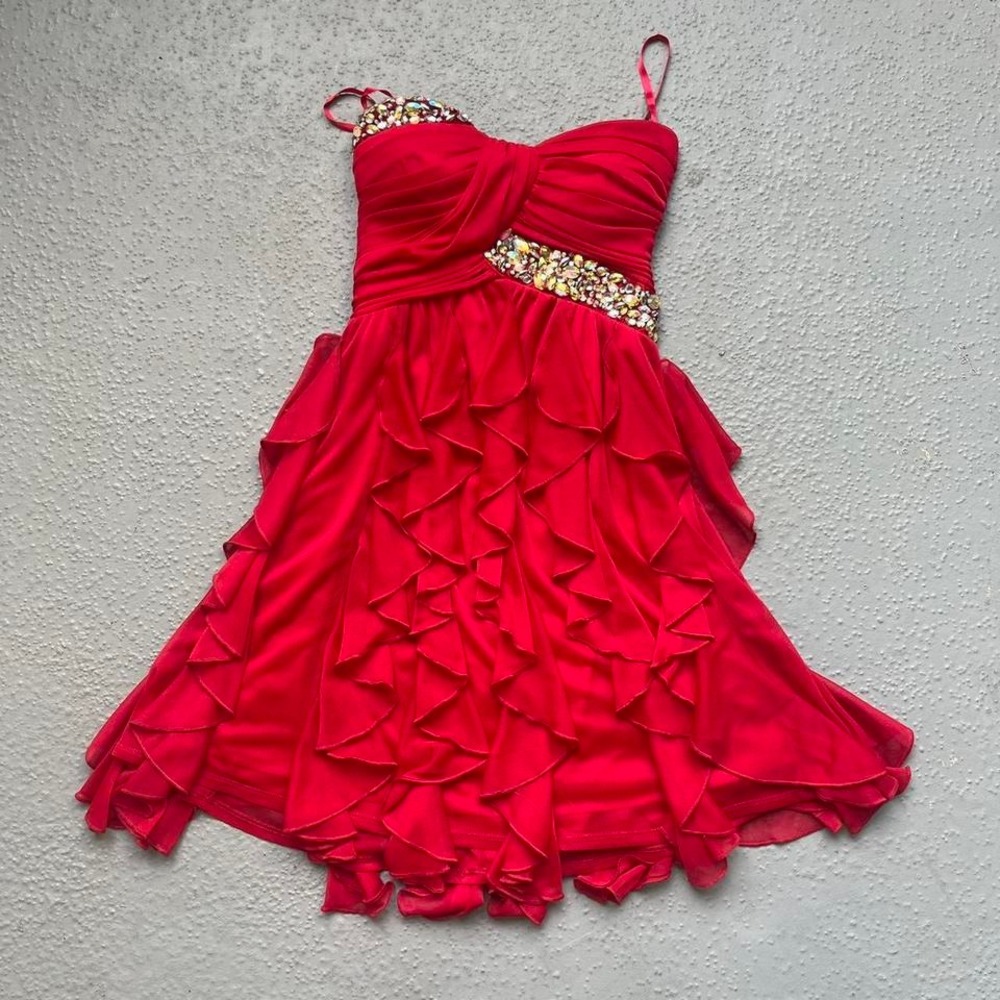 Red AS U Wish Mini Dress Womens‎ size 3 Small Ruffle Jeweled Strapless Party